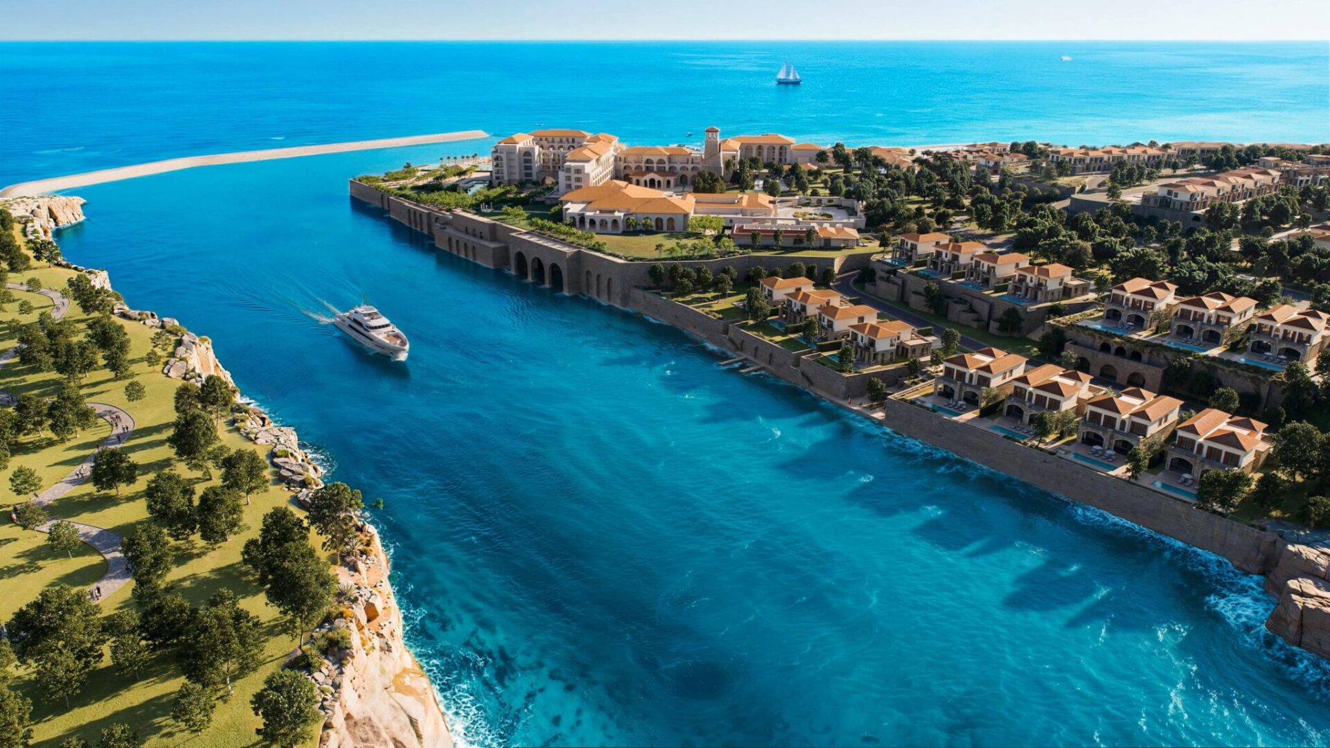 Blue waters and yacht surrounding Montage Ras El Hekma